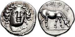 THESSALY, Larissa. Early to mid 4th century BC. AR Drachm (18mm, 6.13 g, 12h). Head of the nymph Larissa three-quarter facing r., wearing pendant earring with a bead; border of dots / ΛΑΡΙΣ above, hor