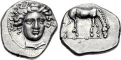THESSALY, Larissa. Early to mid 4th century BC. AR Drachm (18.5mm, 6.07 g, 2h). Head of the nymph Larissa three-quarter facing r., neckline in the form of an open V with central pellet; all within bor