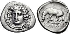 THESSALY, Larissa. Early to mid 4th century BC. AR Drachm (21mm, 5.87 g, 3h). Head of the nymph Larissa three-quarter facing l., wearing torque necklace; all within border of dots / ΛΑΡΙΣΑΙ below the 