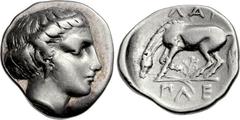 THESSALY, Larissa. Early to mid 4th century BC. AR Hemidrachm (16mm, 2.92 g, 10h). Head of the nymph Larissa r., wearing pendant earring / ΛΑΡ[Ι] above, ΠΛΕ[Ι] in exergue, bridled crouching horse to l