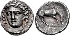 THESSALY, Larissa. Mid 4th century BC. AR Drachm (18mm, 5.83 g, 5h). Head of the nymph Larissa three-quarter facing l., wearing necklace; all within border of dots / ΛΑΡΙ above, [Σ]ΑΙΩΝ below the exer