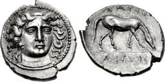 THESSALY, Larissa. Mid 4th century BC. AR Drachm (20mm, 6.17 g, 3h). Head of the nymph Larissa three-quarter facing r., wearing pendant earring and plain necklace; border of dots / ΛΑΡΙΣ above, ΑΙΩΝ i