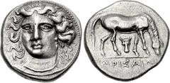 THESSALY, Larissa. Mid 4th century BC. AR Drachm (18mm, 5.92 g, 4h). Head of the nymph Larissa three-quarter facing l., wearing ampyx, pendant earring and plain necklace; her hair combed back behind t