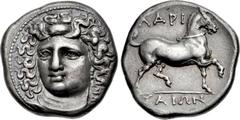 THESSALY, Larissa. Mid to late 4th century BC. AR Stater (24mm, 12.07 g, 12h). Head of the nymph Larissa three-quarter facing l., wearing plain necklace and triple drop pendant earring, her hair held 