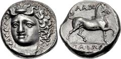 THESSALY, Larissa. Mid to late 4th century BC. AR Stater (22mm, 12.26 g, 11h). Head of the nymph Larissa three-quarter facing l., wearing plain necklace and triple drop pendant earring, her hair held 