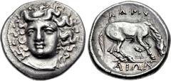 THESSALY, Larissa. Mid to late 4th century BC. AR Drachm (20mm, 6.00 g, 10h). Head of the nymph Larissa three-quarter facing l., wearing earring shown as three globules arranged vertically and plain n
