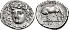 THESSALY, Larissa. Mid to late 4th century BC. AR Hemidrachm (16mm, 3.08 g, 10h). Head of the nymph Larissa three-quarter facing l., wearing plain necklace and pendant earring, her hair held by an amp