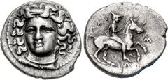 THESSALY, Larissa. Mid to late 4th century BC. AR Trihemiobol (12mm, 1.34 g, 6h). Head of the nymph Larissa three-quarter facing l., wearing pendant earring, torque-like necklace and an ampyx in her h
