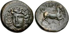 THESSALY, Larissa. Mid to late 4th century BC. Æ Tetrachalkon (20mm, 8.83 g, 9h). Head of the nymph Larissa three-quarter facing l., wearing plain necklace, drop earring and ampyx; border of dots / ΛΑ