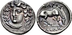 THESSALY, Larissa. Late 4th - early 3rd century BC. AR Hemidrachm (15.5mm, 2.29 g, 6h). Head of the nymph Larissa three-quarter facing l., wearing torque-like necklace, her hair held by an ampyx; bord