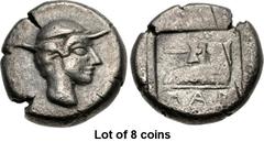 Lot of 8 coins. (352.1) THESSALY, Larissa. Second quarter of the 5th century BC. AR fourrée Hemidrachm (12mm, 2.18 g, 9h). Head of Jason, wearing petasos, to r. / ΛΑRΙ, Jason’s sandal l., above, doubl