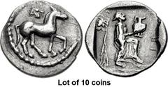 Lot of 10 coins. (358.1) THESSALY, Larissa. Mid to late 5th century BC. AR Obol (12mm, 0.88 g, 6h). Horse walking r., above, lion’s head r., all in dotted circle / Λ-Α above, RI to r. downwards, the n