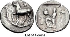 Lot of 4 coins. (361.1) THESSALY, Larissa. Last quarter of 5th century BC. AR Obol (12mm, 0.86 g, 12h). Horse walking l., above, lion’s head l. / ΙΣ l. up, no other letters visible, the nymph Larissa 