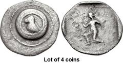 Lot of 4 coins. (365.1) THESSALY, Larissa. Early 4th century BC. AR Trihemiobol (13.5mm, 0.87 g, 2h). Small, round shield, with dotted border, having as a device a bull’s hoof to r., all within a circ