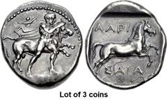 Lot of 3 coins. (369.1) THESSALY, Larissa. Early to mid 4th century BC. AR Drachm (19mm, 5.93 g, 6h). Thessalos to r., naked but for chlamys over his shoulders, his petasos attached to a cord around h