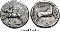 Lot of 3 coins. (370.1) THESSALY, Larissa. Early to mid 4th century BC. AR Drachm (18mm, 6.00 g, 9h). Thessalos to l., naked but for chlamys flying in the air behind him, holding a band with both hand