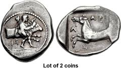 Lot of 2 coins. (373.1) THESSALY, Larissa. Early to mid 4th century BC. AR Hemidrachm (14mm, 2.82 g, 9h). RΙ below, retrograde, Thessalos to r., naked but for chlamys over his shoulders, his petasos o