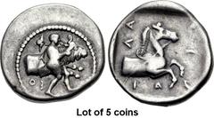 Lot of 5 coins. (375.1) THESSALY, Larissa. Early to mid 4th century BC. AR Hemidrachm (17mm, 2.89 g, 4h). Thessalos to r., naked but for chlamys over his shoulders, his petasos attached to a cord arou