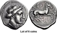Lot of 6 coins. (376.1) THESSALY, Larissa. Early to mid 4th century BC. AR Drachm (19mm, 5.67 g, 1h). Head of the nymph Larissa r. wearing pearl earring, her hair rolled and bound at the top of her he