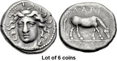 Lot of 6 coins. (379.1) THESSALY, Larissa. Early to mid 4th century BC. AR Drachm (19mm, 6.08 g, 5h). Head of the nymph Larissa three-quarter facing l., all within border of dots / ΛΑΡΙ above, horse w