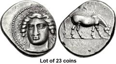 Lot of 23 coins. (380.1) THESSALY, Larissa. Early to mid 4th century BC. AR Drachm (18mm, 6.21 g, 6h). ΣΙΜΟ above in very small letters, head of the nymph Larissa three-quarter facing l., all within a