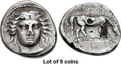 Lot of 9 coins. (381.1) THESSALY, Larissa. Early to mid 4th century BC. AR fourrée Drachm (18mm, 4.95 g, 3h). Head of the nymph Larissa three-quarter facing r., border of dots / ΛΑΡ[I] above, horse wi
