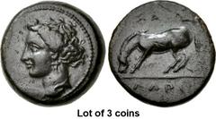 Lot of 3 coins. (382.1) THESSALY, Larissa. Early to mid 4th century BC. Æ Dichalkon (18mm, 5.14 g, 12h). Head of the nymph Larissa to l., wearing triple pendant earring; border of dots / ΛΑΡΙ below, Σ