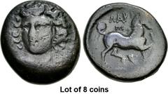 Lot of 8 coins. (388.1) THESSALY, Larissa. Mid to late 4th century BC. Æ Tetrachalkon (19.5mm, 8.21 g, 2h). Head of the nymph Larissa three-quarter facing l., wearing plain necklace, three-drop pendan