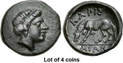 Lot of 4 coins. (392.1) THESSALY, Larissa. Late 4th - early 3rd centuries BC. Æ Chalkous (16mm, 2.68 g, 12h). Head of the nymph Larissa r., her hair rolled up around her head, wearing pendant earring;