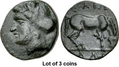 Lot of 3 coins. (395.1) THESSALY, Larissa. 3rd or 2nd centuries BC. Æ Dichalkon (15mm, 2.60 g, 11h). Head of the nymph Larissa l. wearing pendant earring, her hair rolled up and gathered in a bun at t