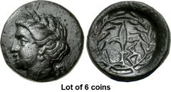 Lot of 6 coins. (405.1) THESSALY, Larissa Kremaste. 3rd century BC. Æ Chalkous (13.5mm, 1.79 g, 12h). Nymph’s wreathed head l., hair rolled up around her head and wearing round pendant earring; to l. 