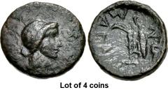 Lot of 4 coins. (423.1) THESSALY, Magnetes. 1st century BC. Æ Chalkous (?) (15mm, 2.30 g, 6h). Head of Artemis r., her hair rolled up around her head and ending in an upturned tuft behind / ΜΑΓΝΗT fro