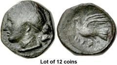 Lot of 12 coins. (480.1) THESSALY, Metropolis. Early to mid 4th century BC. Æ Dichalkon (14mm, 3.15 g, 4h). Head of Aphrodite l. wearing pearl necklace, her hair pulled back behind her head and tied i