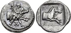 THESSALY, Perrhaiboi. Circa mid 5th century BC. AR Hemidrachm (15.5mm, 2.82 g, 6h). Hero to r., with petasos over his shoulders and chlamys tied at his neck, holding with both his hands a band passing