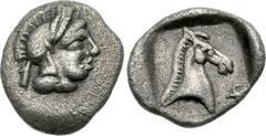 THESSALY, Pharsalos. Mid to late 5th century BC. AR Hemiobol (9mm, 0.42 g, 3h). Head of Athena r., wearing crested Attic helmet / Φ sideways below to r, horse’s head and neck r., all in an incuse squa