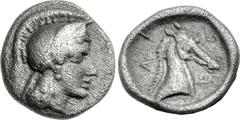THESSALY, Pharsalos. Mid to late 5th century BC. AR Tetartemorion (5.5mm, 0.28 g, 5h). Head of Athena r., wearing crested Attic helmet / Φ below r., A to l., P above to r., all letters sideways, head 