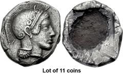 Lot of 11 coins. (669.1) THESSALY, Pharsalos. Early to mid 4th century BC. AR fourrée Hemidrachm (14.5mm, 1.54 g). Head of Athena r., wearing Attic helmet decorated with scroll and three snakes / A, a