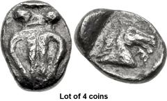 Lot of 4 coins. (681.1) THESSALY, Pherai. Late 2nd quarter of the 5th century BC. AR Hemiobol (7mm, 0.38 g, 9h). Bull’s hoof / [Θ]-E from above r., downwards, head and neck of horse r., all in incuse 