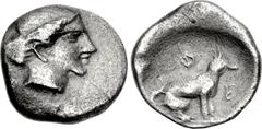 THESSALY, Pherai. 4th century BC. AR Hemiobol (9mm, 0.40 g, 6h). Head of Ennodia r. / Φ-E, hunting dog sitting r. Imhoof-Blumer 1908, p. 93, 277, pl. VI, 38; see also Nomos 4, 1306 corr. (same dies) [