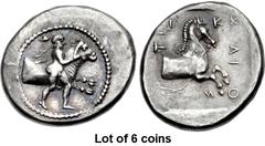 Lot of 6 coins. (777.1) THESSALY, Trikka. 2nd half of the 5th century BC. AR fourré Hemidrachm (17mm, 2.28 g, 10h). Youthful hero, Thessalos, naked but for cloak and petasos over his shoulders, holdin