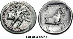 Lot of 4 coins. (781.1) THESSALY, Trikka. 2nd half of the 5th century BC. AR Hemidrachm (17.5mm, 2.78 g, 9h). Youthful hero, Thessalos, naked but for cloak and petasos over his shoulders, holding a ba