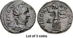 Lot of 3 coins. (988.1) THESSALY, Koinon of Thessaly. Valerian I. AD 253-260. Æ Tetrassarion (21mm, 11.10 g, 1h). AV K ΠOΛI-O [VAΛЄPIANOC], radiate, draped, and cuirassed bust right / KOINON ΘЄ-CCAΛ[Ω