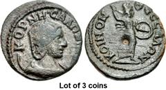 Lot of 3 coins. (994.1) THESSALY, Koinon of Thessaly. Salonina. Augusta, AD 254-268. Æ Tetrassarion (23mm, 6.99 g, 1h). KOPNH • CAΛΩN[INA], draped bust right, wearing stephanos, set on crescent / KOIN