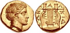 MACEDON, Chalkidian League. Circa 365-359 or 357-348 BC. AV Stater (17mm, 8.62 g, 12h). Olynthos mint. Head of Apollo right, wearing laurel wreath, with long hair in a single plait down the back of hi