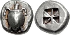 ISLANDS off ATTICA, Aegina. Circa 525/0-500 BC. AR Drachm (14mm, 6.16 g). Sea turtle with thick collar and row of dots down its back / Incuse square of “Union Jack” pattern with five incuse and three 