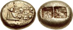 KINGS of LYDIA. temp. Alyattes. Circa 610-560 BC. EL Trite – Third Stater (13mm, 4.72 g). “Branch” mint. Confronted lion heads; KUKALI[Ṃ] (in Lydian, retrograde) between / Two incuse square punches. W