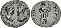 LYDIA, Tmolus. Hadrian, with Aelius Caesar. AD 136-138. Æ (30mm, 16.46 g, 1h). AV • AΔPIANOC • CЄ • Λ • AI • KAI-CAP, confronted busts of Hadrian right, laureate and draped, and Aelius left, bareheade