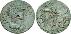 LYDIA, Tripolis. Pseudo-autonomous issue. temp. Severans, AD 193-235. Æ (30mm, 13.79 g, 6h). IЄPA CYNKΛHT-OC, draped bust of Senate right / TPI-ΠO-Λ-ЄI-TΩN, Leto standing left, head right, holding her