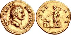 Titus. As Caesar, AD 69-79. AV Aureus (20mm, 7.32 g, 12h). Rome mint. Struck under Vespasian, AD 73. T CAES IMP VESP CENS, laureate head right / PAX AVG, Pax standing left, leaning on column to right,
