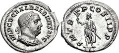 Balbinus. AD 238. AR Denarius (20mm, 3.29 g, 6h). Rome mint. 1st emission. IMP C D CAEL BALBINVS AVG, laureate, draped, and cuirassed bust right / P M TR P COS II P P, Balbinus standing left, holding 